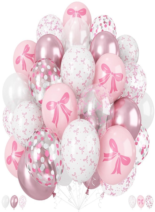 Togvu Pink Bow Balloons, 60 Pcs 12 inch Light Baby Pink Pearl White Balloons, Bow Printed Balloon Metallic Confetti Balloon for Girl Women Princess Birthday Baby Shower Bachelorette Wedding Party Decoration - Image 1